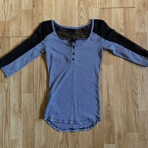 Black and White Stripped Lace Detail Top